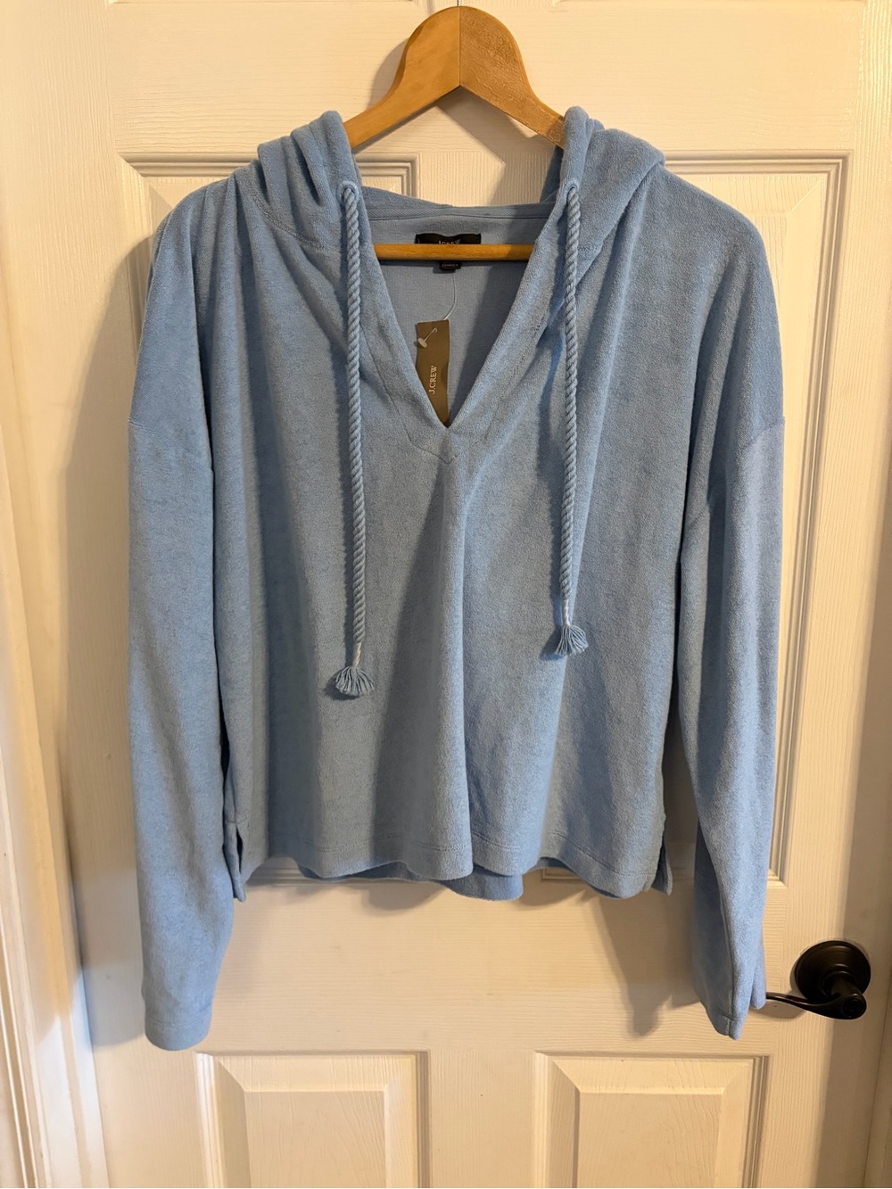 NWT J.Crew Women's M Blue Terry Cloth V-Neck Hoodie Rope Drawstring Coastal